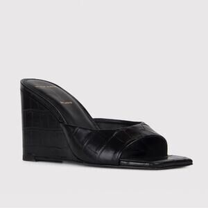 Black Suede Studio Paloma Wedge Black Croco Sandal 9
